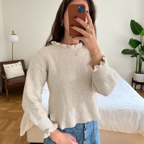 Madewell Ruffle-Neck Pullover Sweater in Cotton-Merino Yarn - Picture 1 of 10